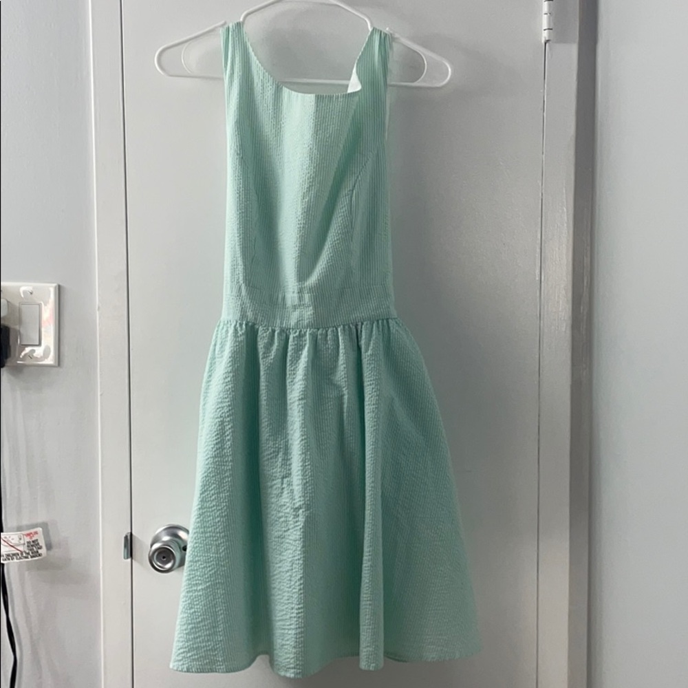 Seersucker seafoam green dress.